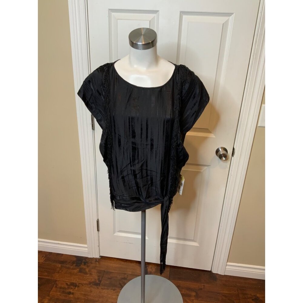 BCBG Max Azria Black Satin Short Sleeve Shirt Beaded Fringe W/Waist Tie, Size S